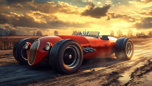 Sunset sprint: retro roadster blazing across dirt horizons.