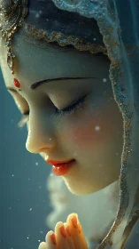 Snowlit porcelain bride in quiet, jeweled devotion. Period.