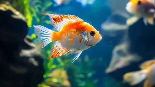 Orange and white tropical fish swims in a planted aquarium