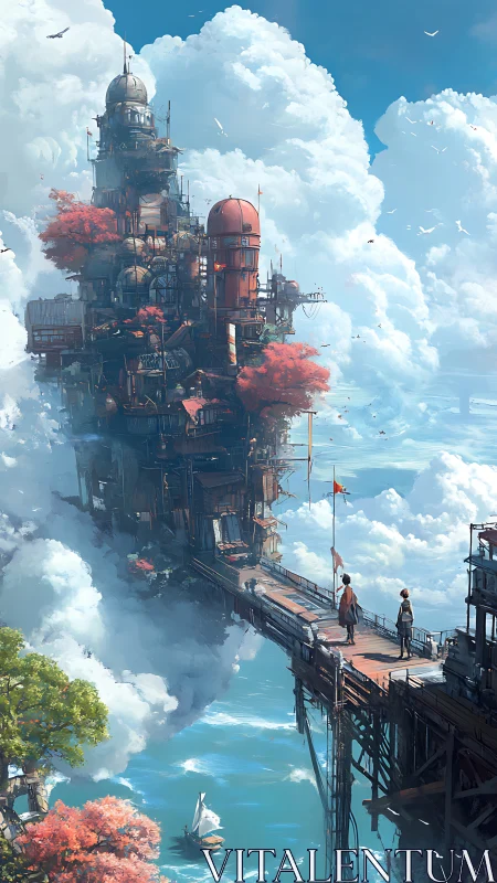 Skybridge tower rises through drifting clouds and teal seas