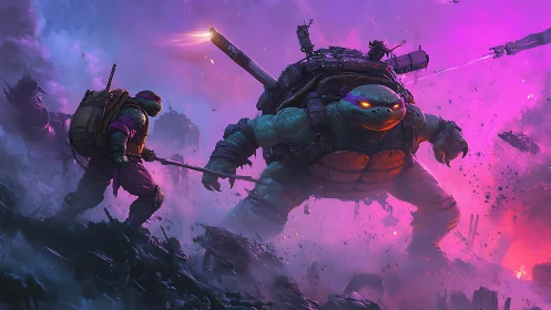 Two armored humanoid turtles confront each other in neon haze