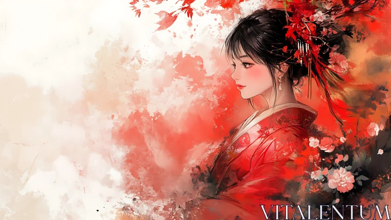 Elegant kimono woman emerges from red watercolor blossoms