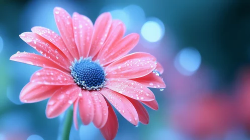 Pink Gerbera Daisy with Dew Drops in Soft Bokeh Light