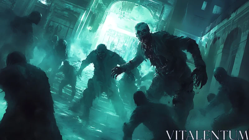 Undead horde surges through ruined corridor in teal mist.