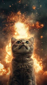 Feline subject with explosive luminous effects.