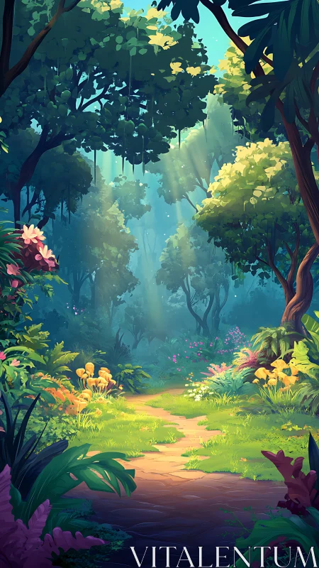 Enchanted Forest Pathway Bathed in Golden Sunlight