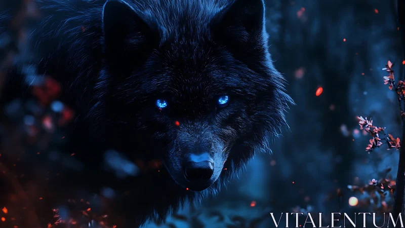 Midnight ember wolf with spellbright electric eyes stalks.