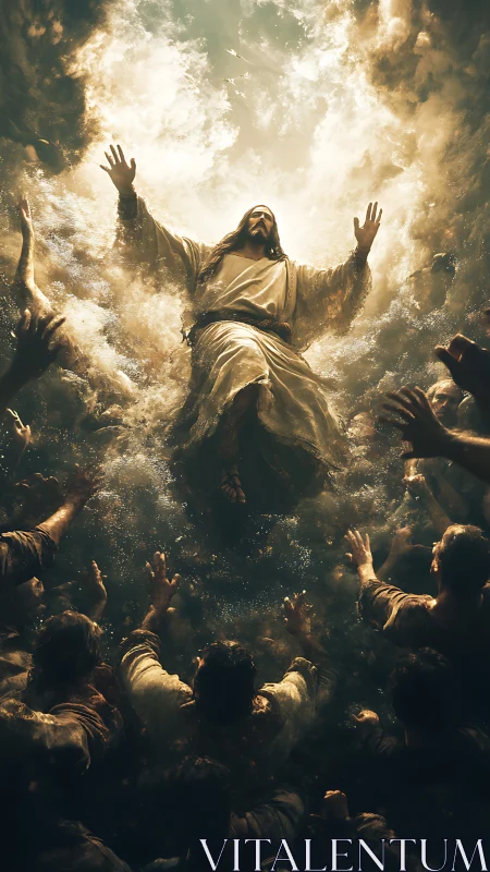 Radiant ascension scene with robed figure and reaching crowd.