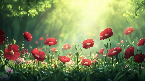 Red Poppies Dancing in Summer Sunlight Through Garden