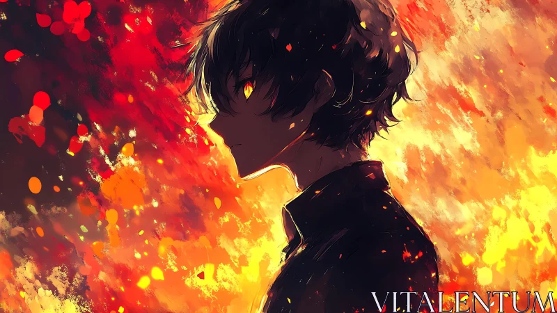 Side profile silhouette of figure against dense fiery backdrop