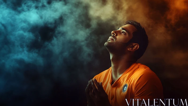 Athlete in orange jersey gazes upward amid bicolor stadium smoke