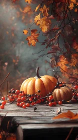 Pumpkin porch still life wrapped in gentle autumn glow.