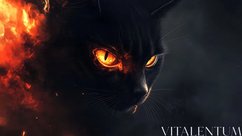 Inferno-eyed shadow cat prowling through embered night.