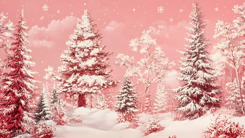 Snow covered pines rise under soft pink winter sky