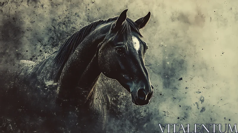Dark stallion portrait emerging through textured dust field.