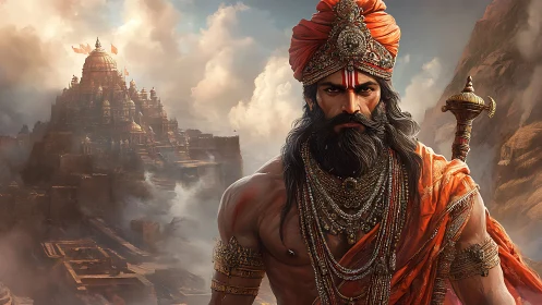 Regal warrior saint standing proud before misty temple city.