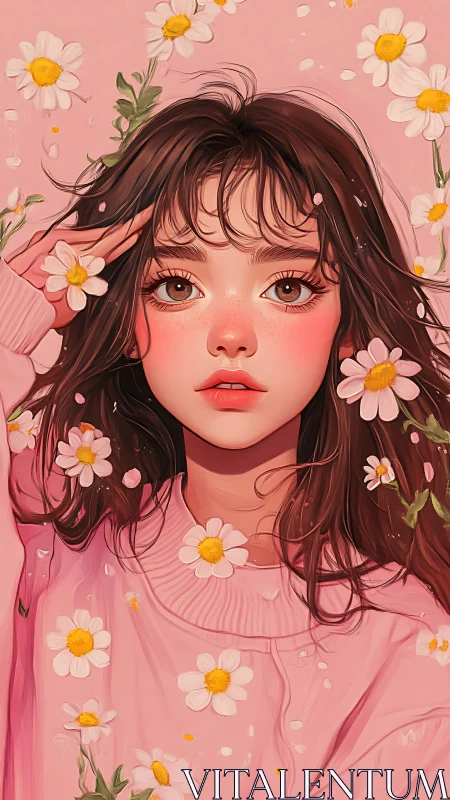 Soft-lit portrait of a freckled girl in pink with scattered daisies