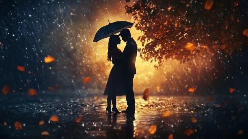 Silhouetted Couple in Rain: Romantic Silhouette with Umbrella.