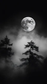 Full moon over fog-drenched pines in monochrome nightscape.