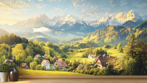 Sunlit alpine village daydream framed by quiet vases.