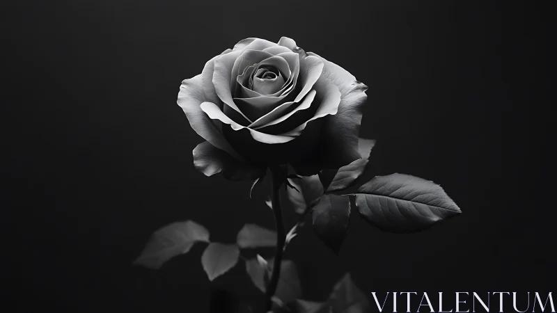 Monochromatic rose bloom against dark background with dramatic sidelighting.