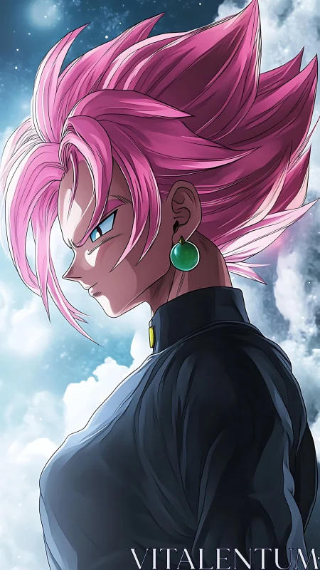 Side-profile anime warrior with pink spiked hair and hard rim lighting