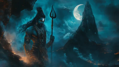 Shiva figure stands with trident before moonlit mountain
