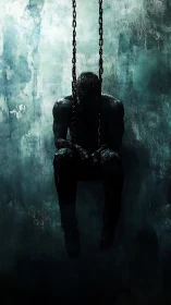 Solitary male figure seated on chain-supported swing platform.