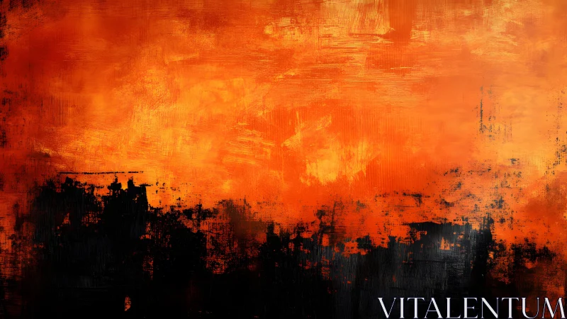 Fiery Abstract Painting with Bold Orange and Black Brushstrokes.