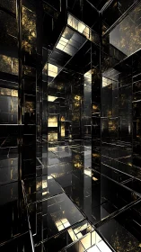 Reflective black geometric corridor with gold highlights.