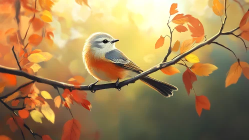 Little Bird Glowing Amid Golden Autumn Leaves.