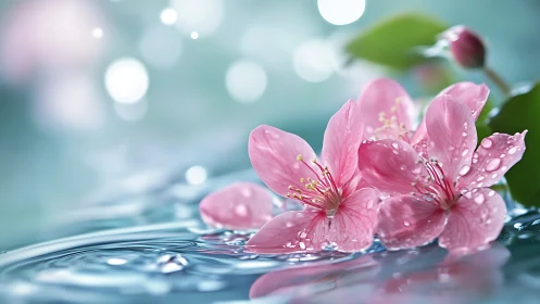 Pink Cherry Blossoms Floating on Water With Macro Droplet Refraction Analysis