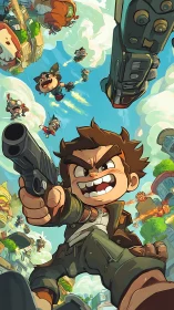 Bold cartoon hero diving into a wild sky-high adventure.