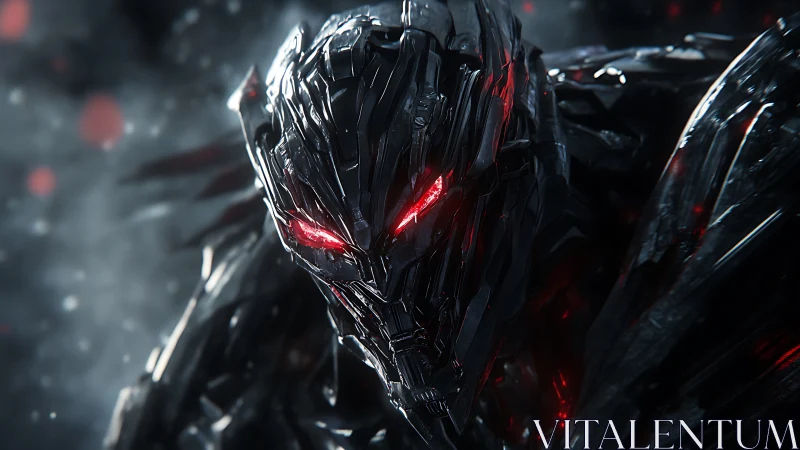 Metallic humanoid robot head with red illuminated eyes.