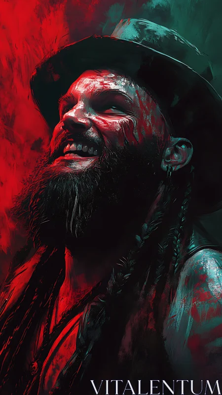 Chromatic dual-light portrait of grinning bearded figure.