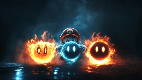 Playful hero juggling fiery and frosty spirit orbs.