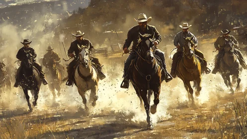 Cowboy riders charge forward in dynamic dust-filled composition