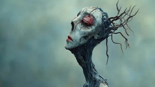 Surreal bark-skinned figure with bleeding branch crown