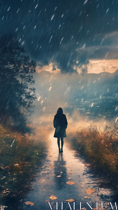 Solitary silhouette strolls toward stormlit horizon in rain