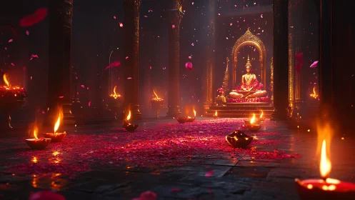Rose petals and temple flames quietly crown the golden saint