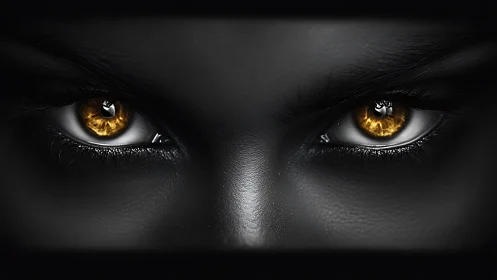 Intense golden eyes pierce through monochrome cinematic shadow