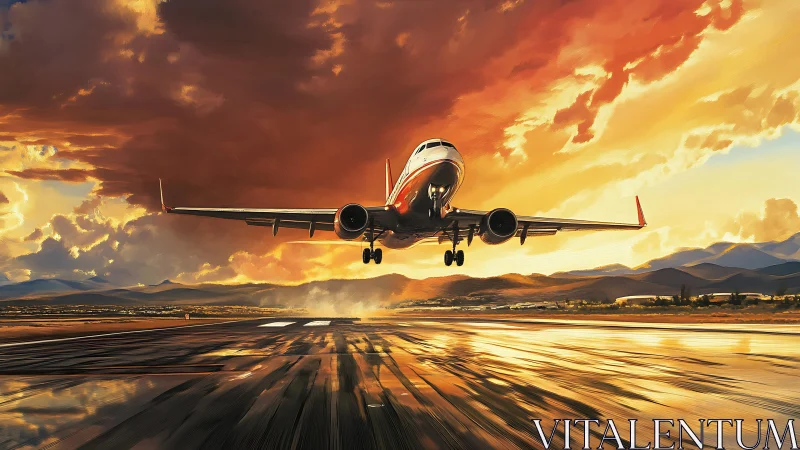 Airliner descends toward runway under intense sunset sky