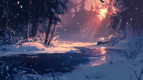 Winter forest river glows softly under a fading sunset light