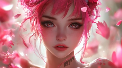 Pink-haired anime muse framed by drifting sakura petals.