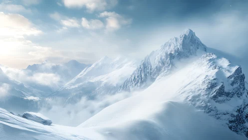 Sunlit alpine ridge emerging through winter morning mist.