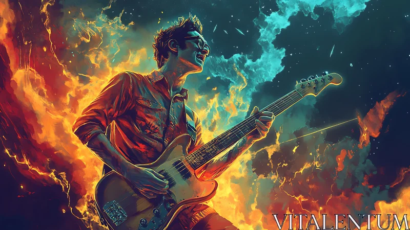 Electric guitarist ignites cosmic stage in vibrant digital flames