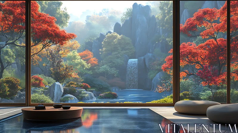 Zen pavilion gazes into a watercolor valley of autumn fire.