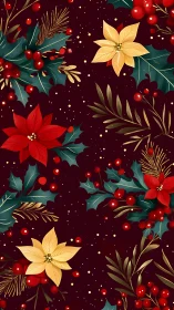 Poinsettias and holly berries form rich seamless Christmas pattern