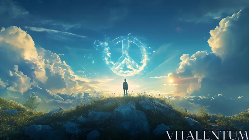 Digital painting of lone figure under celestial peace symbol sky.