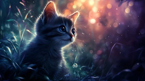 Luminous Kitten in an Ethereal Garden at Twilight